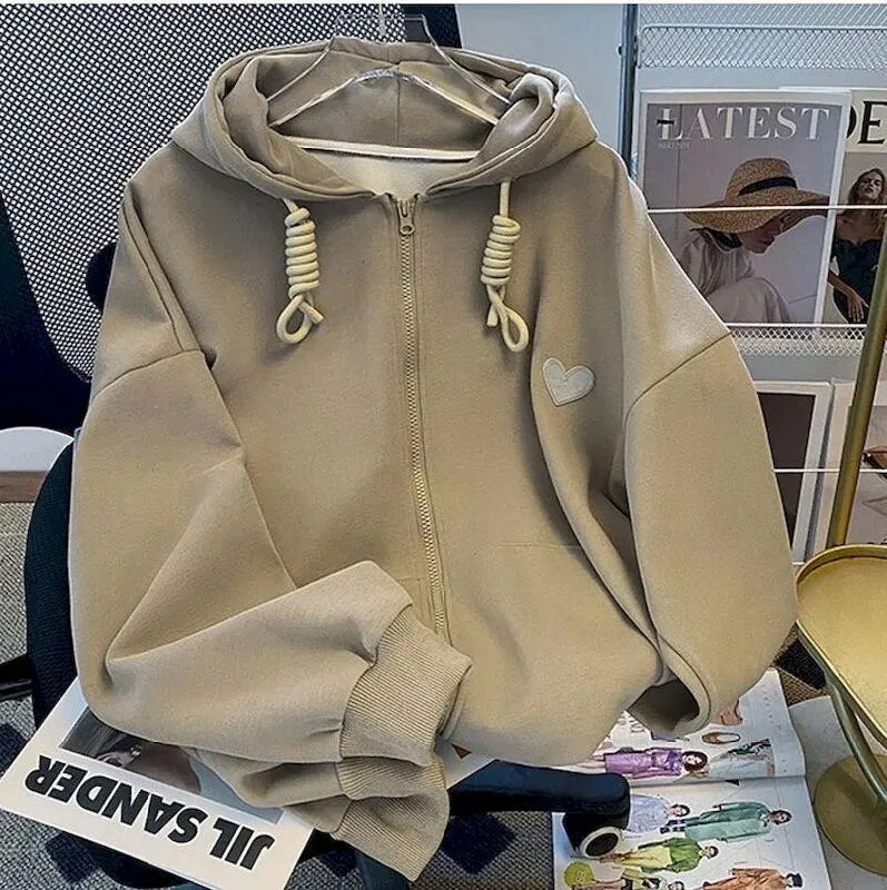 Getadme Fashion Drawstring Hoodies Women Autumn Winter Trend Hooded Coats Casual Loose Plush Thicken Cardigan Hoodie Zipper Jacket Woman Hoodie with Slim Fit Tailored Modern