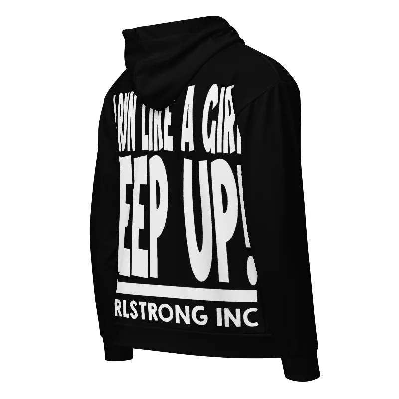 GS GRAPHIX ZIP HOODIE BLACK - I RUN LIKE A GIRL KEEP UP Hoodie with Back Slit Movement Comfort