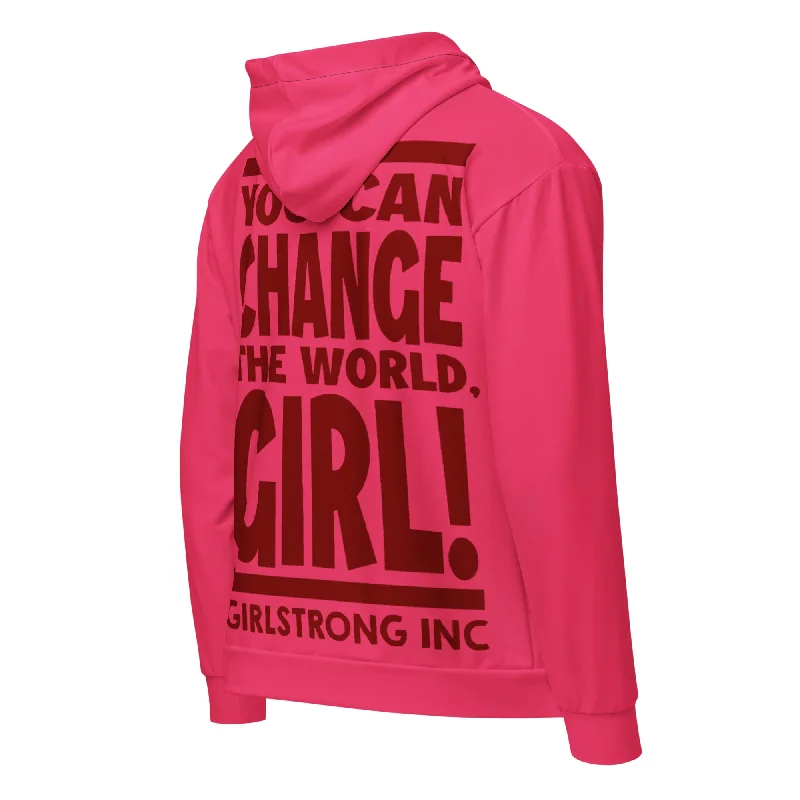 GS GRAPHIX ZIP HOODIE HOT RED - YOU CAN CHANGE THE WORLD, GIRL! Hoodie with Drawcord Adjustable Secure