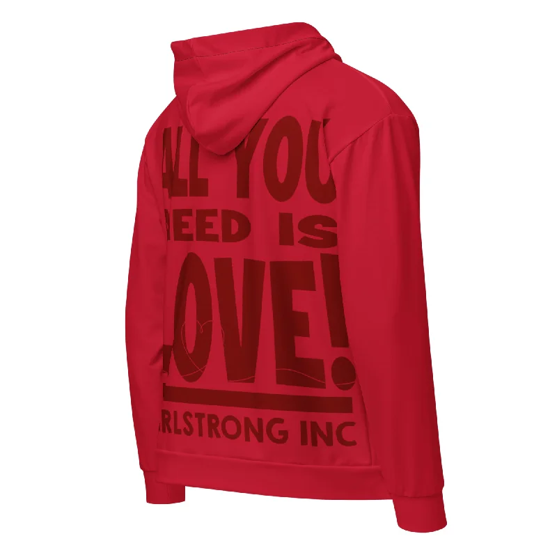 GS GRAPHIX ZIP HOODIE RED - ALL YOU NEED IS LOVE Hoodie with Snap Buttons Easy Quick