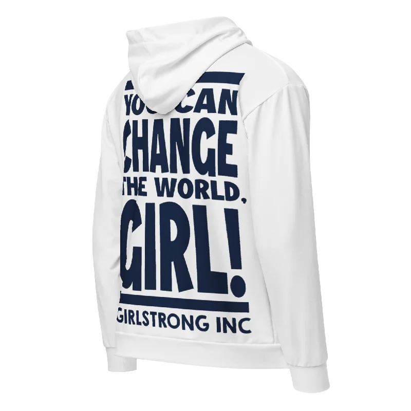 GS GRAPHIX ZIP HOODIE WHITE - YOU CAN CHANGE THE WORLD, GIRL! Hoodie with Metallic Shiny Futuristic