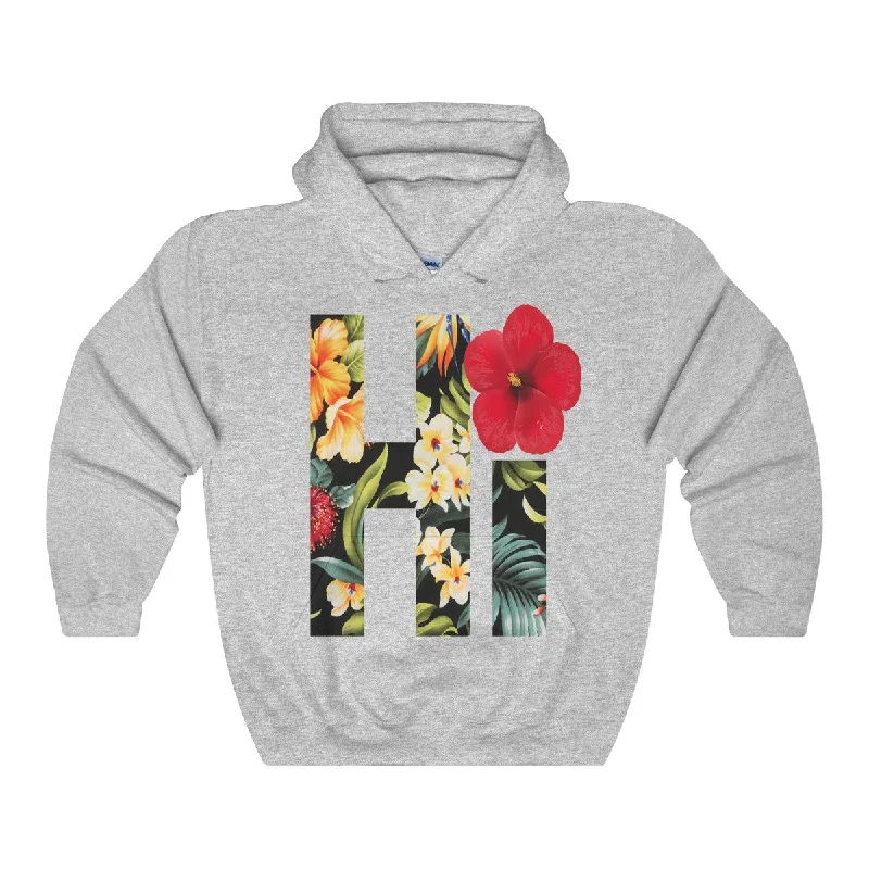 Hi Floral Hawaii Hooded Sweatshirt Hoodie with Hem Applique Textured Unique