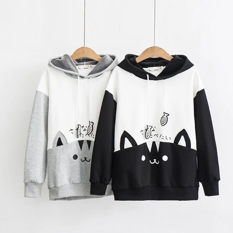 Japanese cute cat hoodie yv30588 Hoodie with Raw Hem Edgy Unfinished