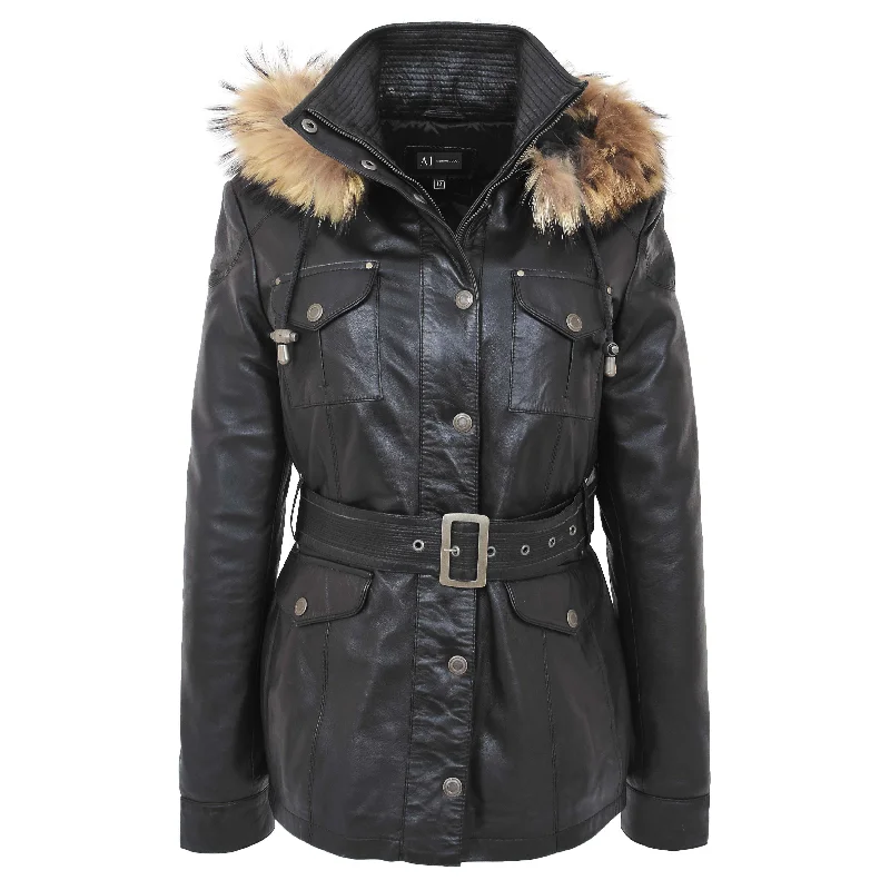 Ladies Black Leather Duffle Coat Belted Removable Hood Parka Jacket Sarah V-Neck Jacket Boat Neck Jacket Square Neck Jacket