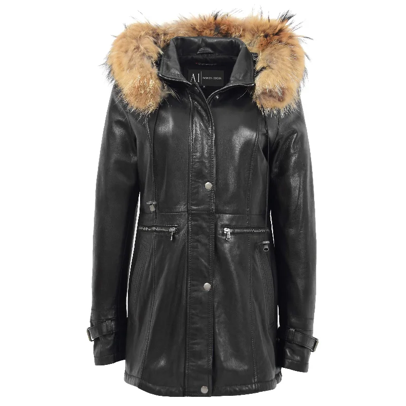 Ladies Genuine Black Leather Duffle Coat Removable Hood Parka Jacket Patty Oversized Jacket Tailored Jacket Straight Jacket