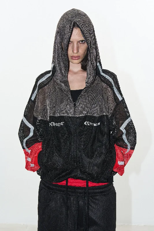 Mesh Colorblock Hooded Mask Jacket Front Pockets Side Pockets Patch Pockets