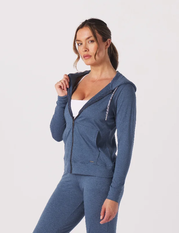 On The Go Lightweight Zip Up Hoodie: Washed Blue Marble Hoodie with Tied Waist Feminine Flattering