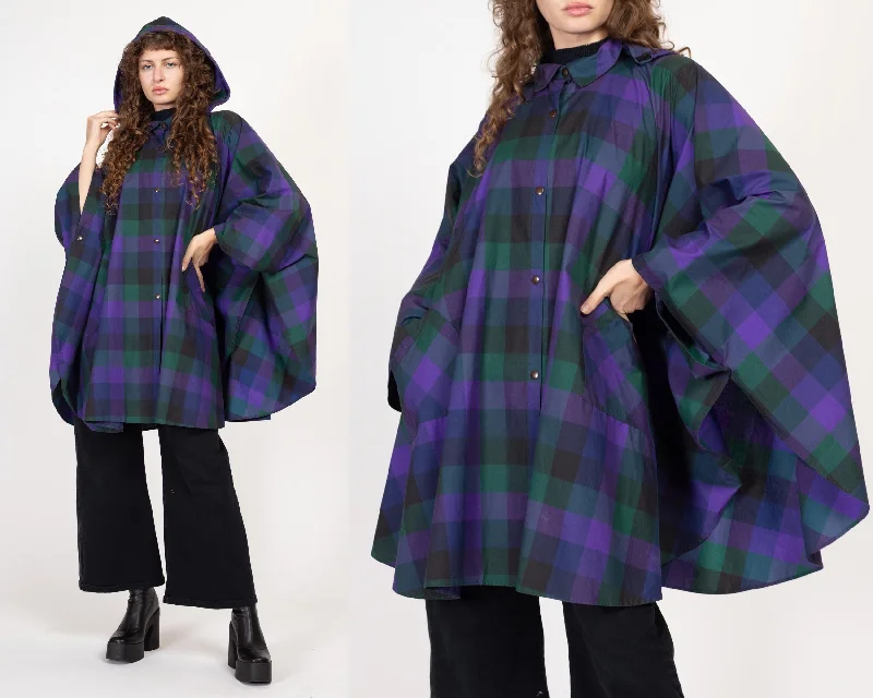 One Size 90s Purple Plaid Hooded Rain Poncho Hoodie with Tie-Dye Psychedelic Retro