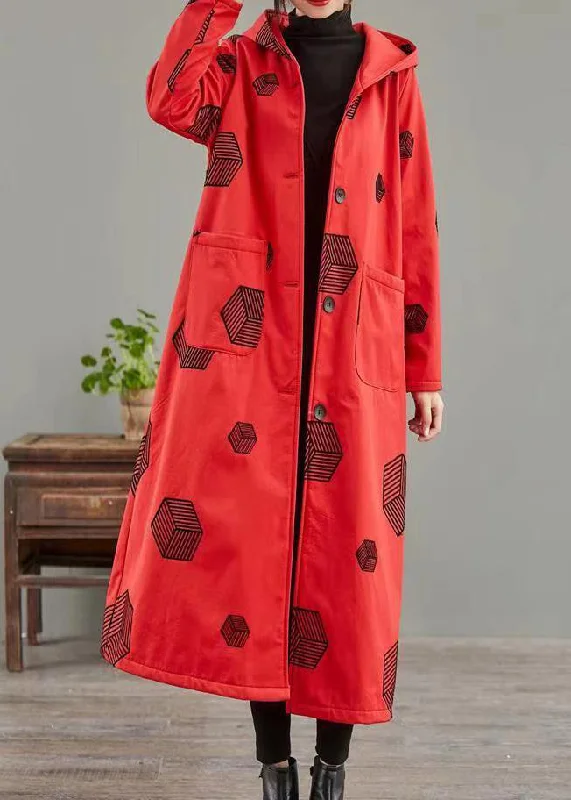 Red Pockets Print Patchwork Warm Fleece Hoodie Coat Winter Hoodie with Bell Sleeves Flared Feminine