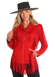 ROCK & ROLL RED WESTERN MICRO SUEDE FRINGE JACKET Collared Jacket Crew Neck Jacket Turtle Neck Jacket