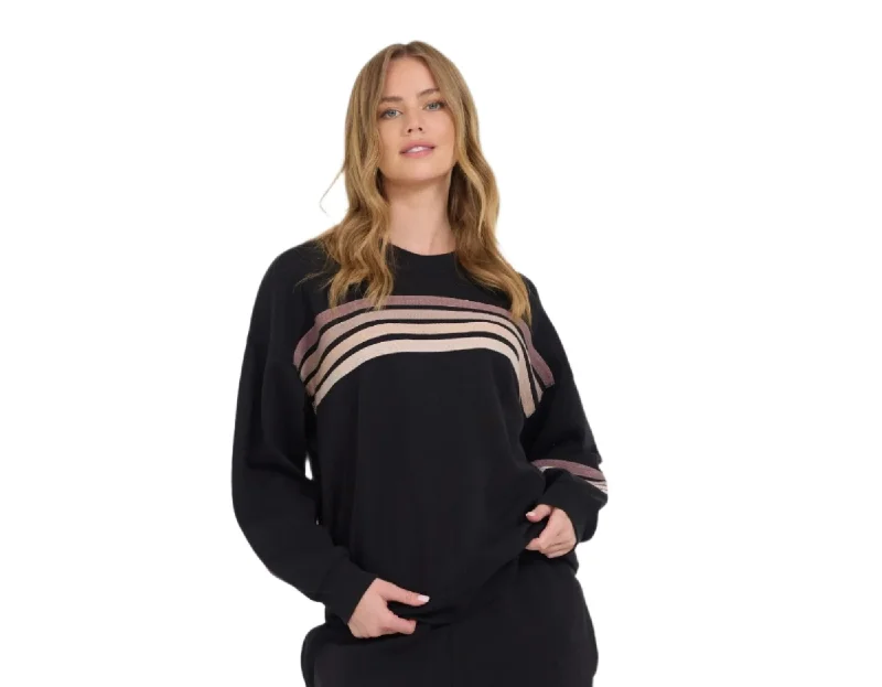 Vintage Havana Neutral Stripe Burnout Fleece Crewneck Sweatshirt Black VH12621 Hoodie with Lace Feminine Delicate