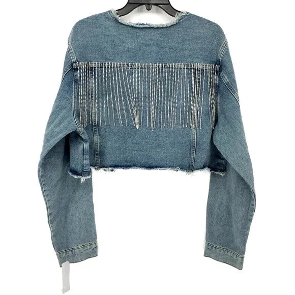 VOCAL RAW EDGE CUT NECK DENIM CROP JACKET WITH STONE FRINGES Rayon Jacket Velvet Jacket Corduroy Jacket