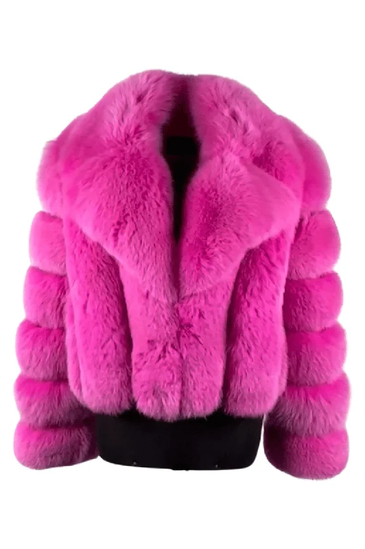 Women's Hot Pink Notch Collar Fox Jacket Style # 6006 Tiered Jacket Buttoned Jacket Zippered Jacket