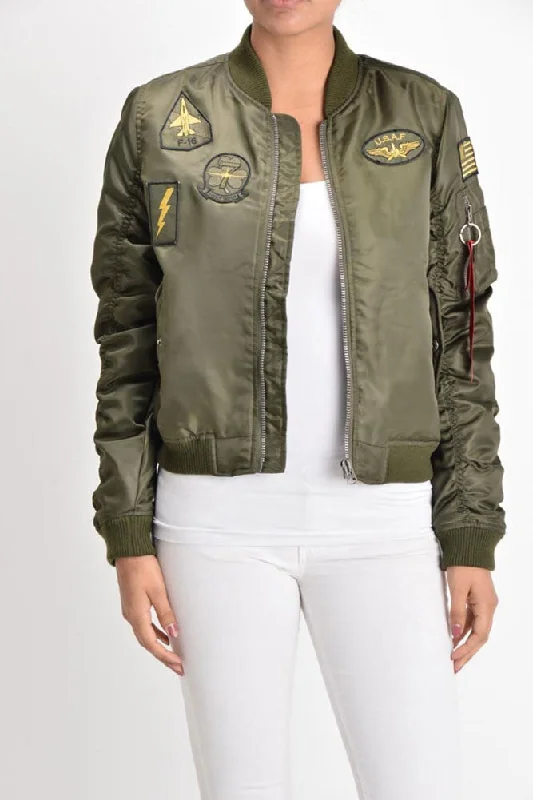 Women's Patched Flight Bomber Jacket Tailored Jacket Straight Jacket A-Line Jacket