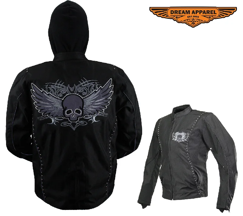 Women's Studed Motorcycle Textile Jacket With Grey Hoodie & Sull & Wings Print Jacket Jacquard Jacket Patchwork Jacket