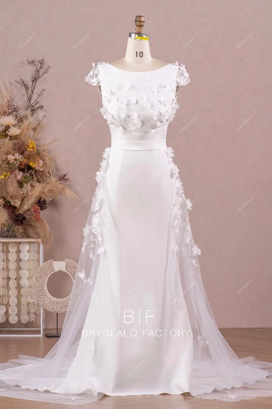 White Crepe Mermaid Bridal Dress with Romantic 3D Flowers Overskirt lace skirt intricate