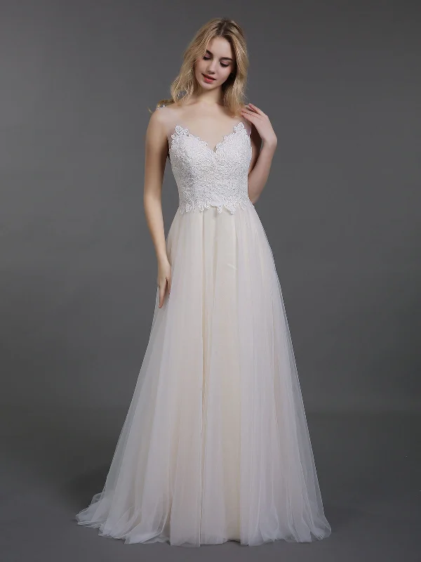 Lace Bodice Tulle Skirt Sweep Train Bridal Gown-Champagne high waist skirt