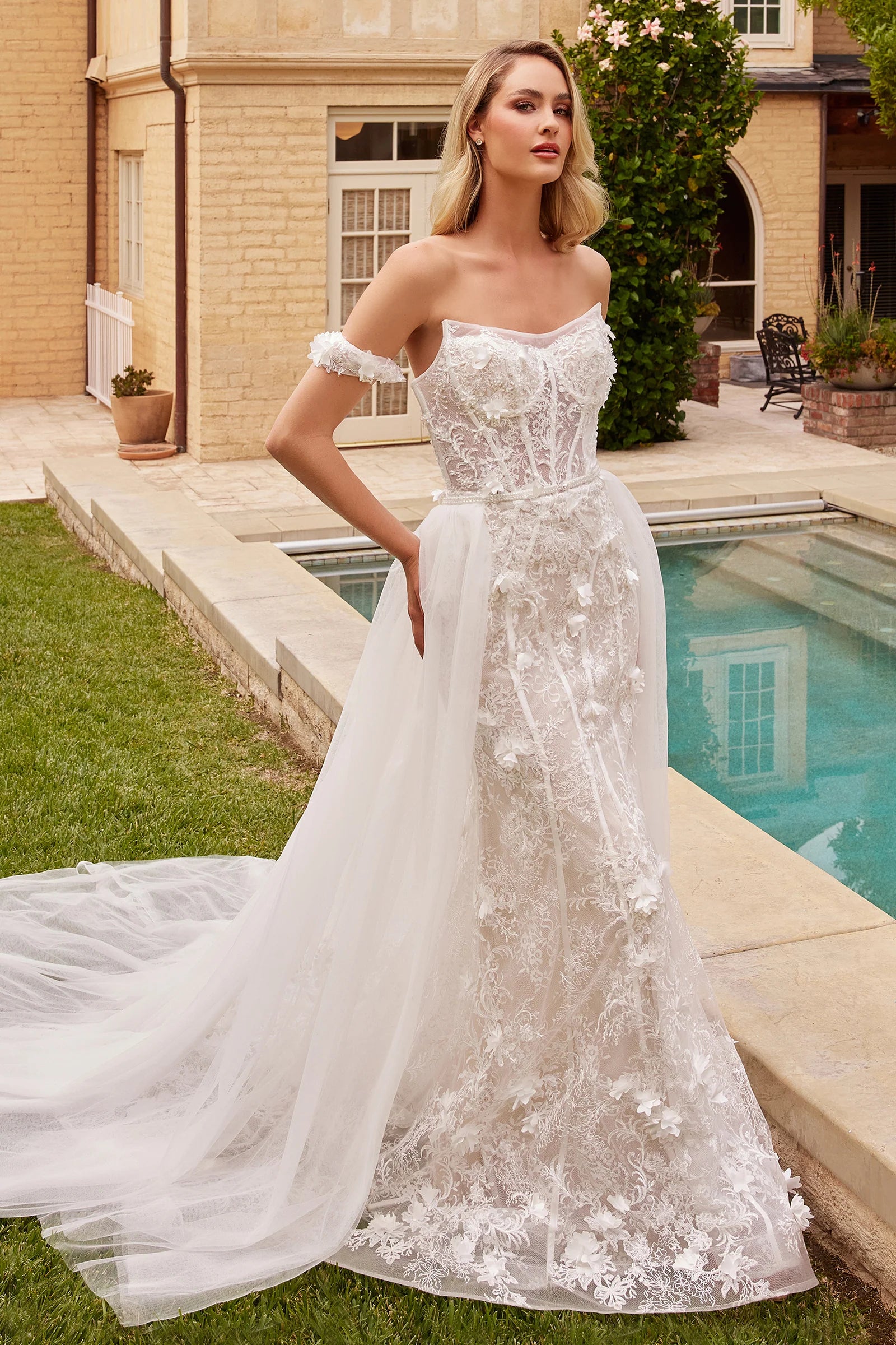 CINDERELLA DIVINE CD861W Flare Bridal Fitted Gown with Removable Skirt lace skirt feminine