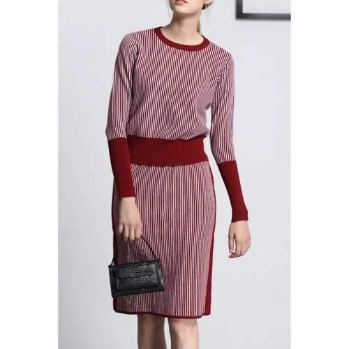 Ribbed Stripe Sweater With Skirt - Deep Red S modal blend skirt