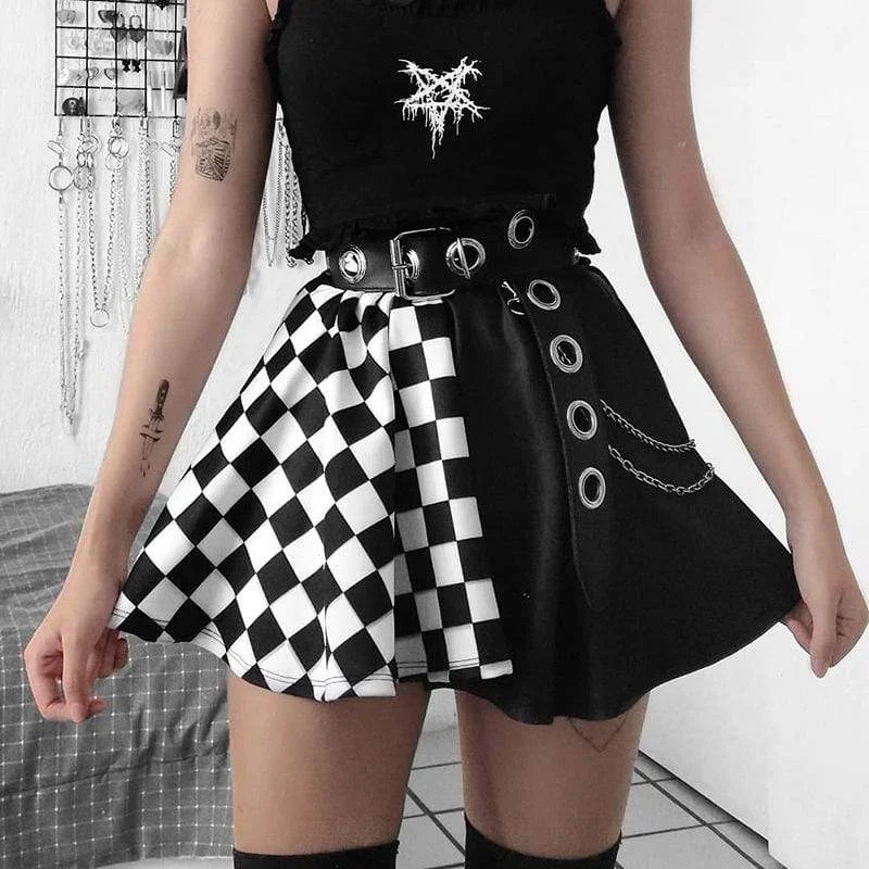 Women's Grunge Contrast Color Plaid Skirts (Without Belt) high waist skirt