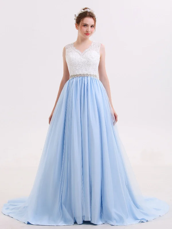 Lace Bodice Tulle Skirt Bridal Dress with Sash-Sky Blue leather skirt bold