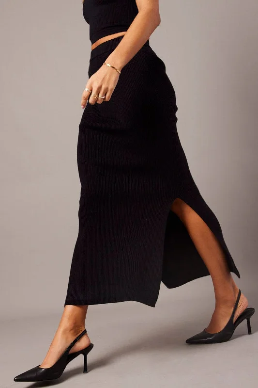 Black Knit Skirt Front Split High Rise cashmere skirt rich