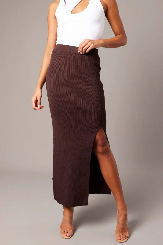 Brown Knit Skirt Front Split High Rise linen skirt breathable