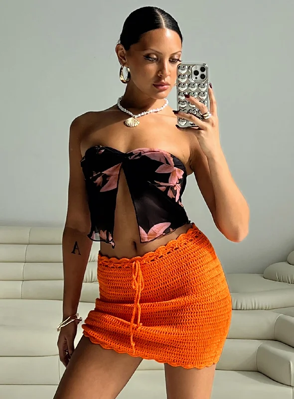 Mirrabook Crochet Mini Skirt Orange leather skirt bold