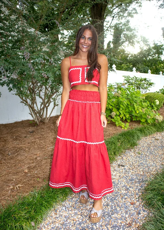 Chimes Red Linen Maxi Skirt high waist skirt