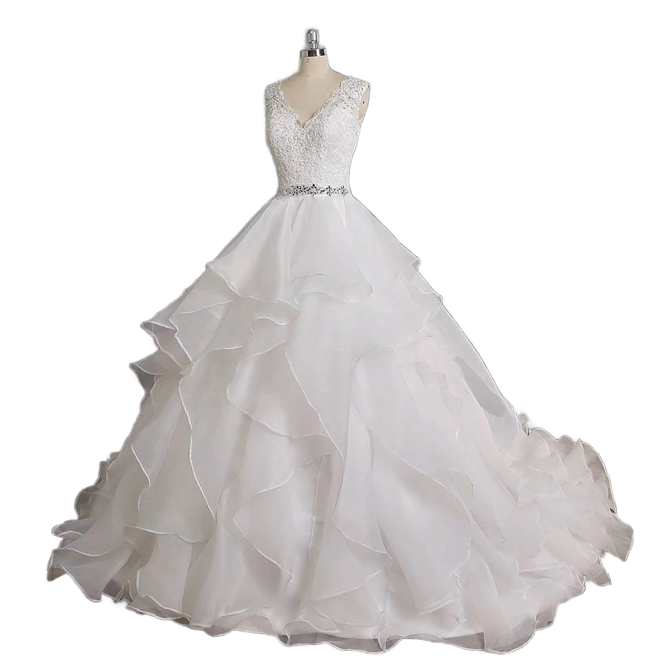 Layered Tulle Skirt Wedding Ballgown Dress Lace Top with Beaded Belt tiered skirt playful