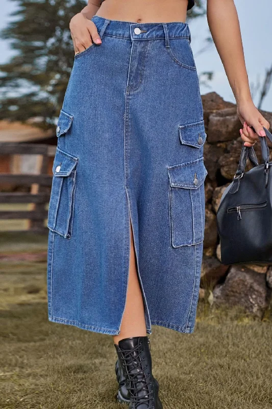 Slit Front Midi Denim Skirt with Pockets leather skirt sleek