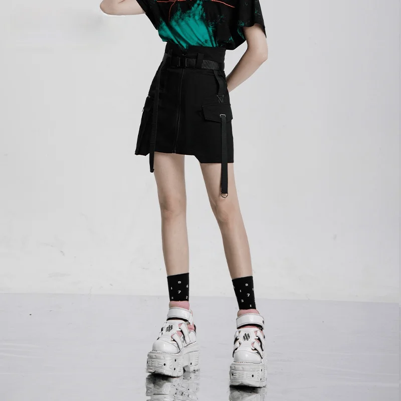 Women's Grunge High-waisted Black A-line Short Skirt with Belt athletic skirt fit