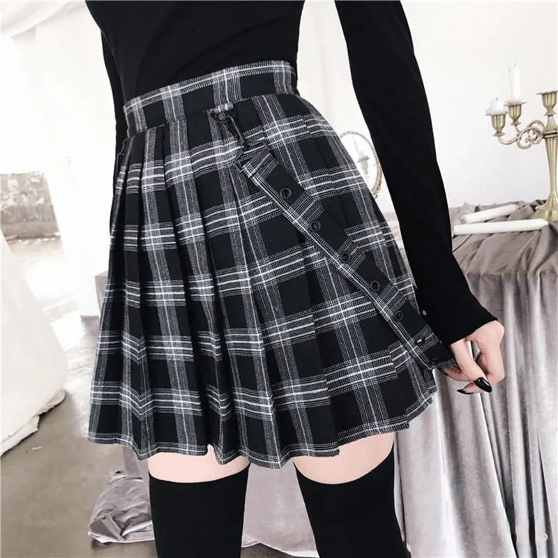 Women's Grunge High-waisted Plaid Skirts with Straps ruffled skirt detail