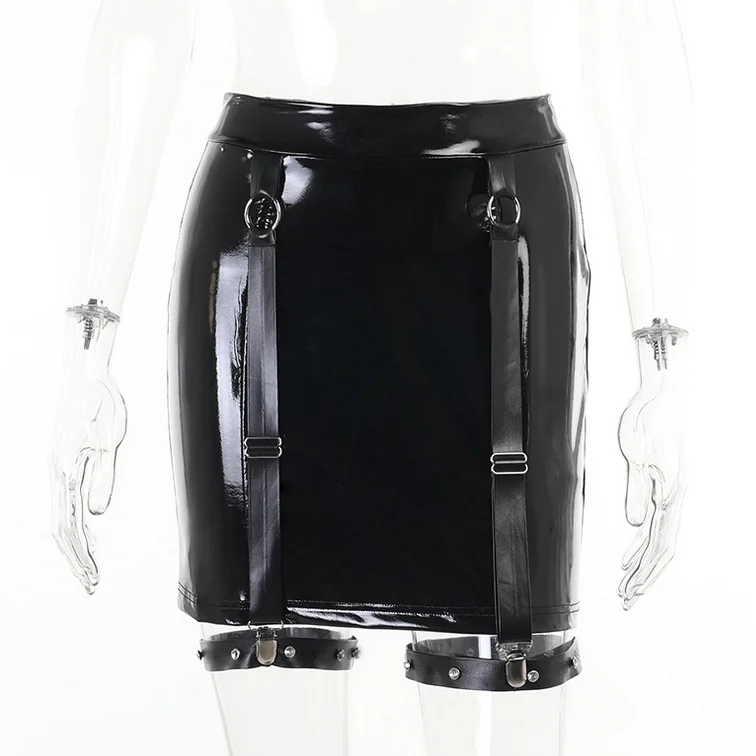 Women's Punk Faux Leather Skirt with Leg Ring leather skirt refined