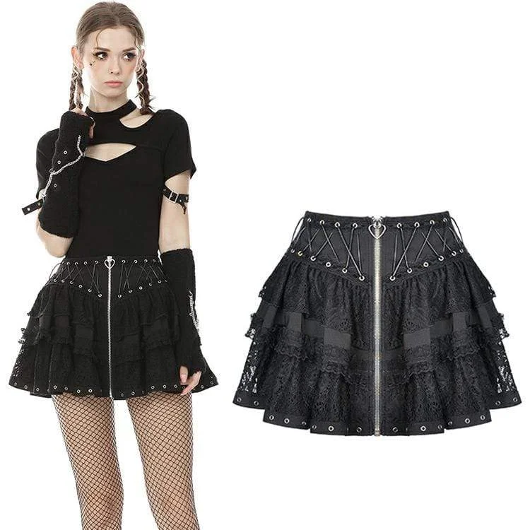 Women's Punk Front Zip Multi-layer Lace Mini Skirts leather skirt bold