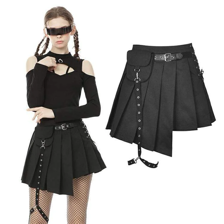 Women's Punk Irregular Hem Pleated Skirts with Waist Bag lace skirt delicate