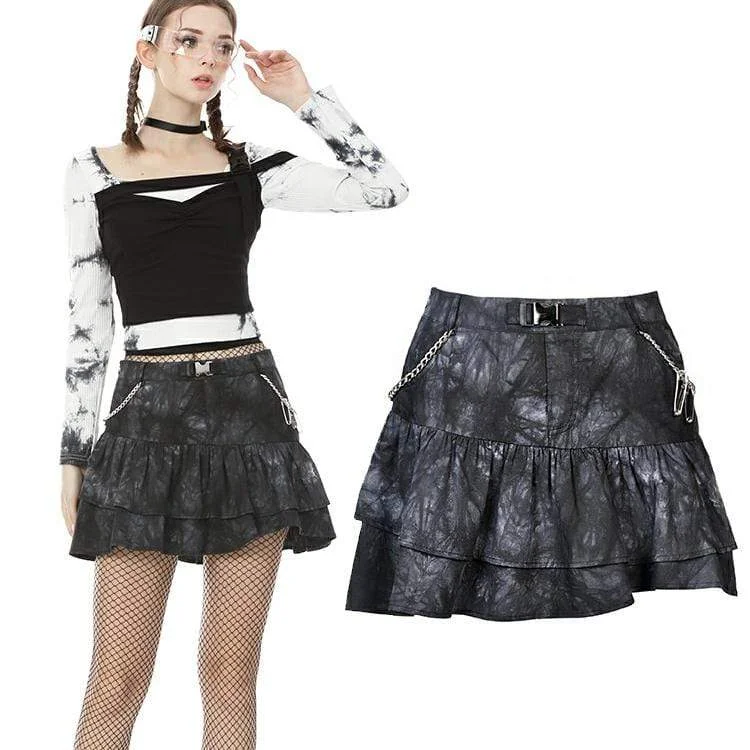 Women's Punk Tie-dye Double-layer Mini Skirts with Metal Chain lace skirt feminine