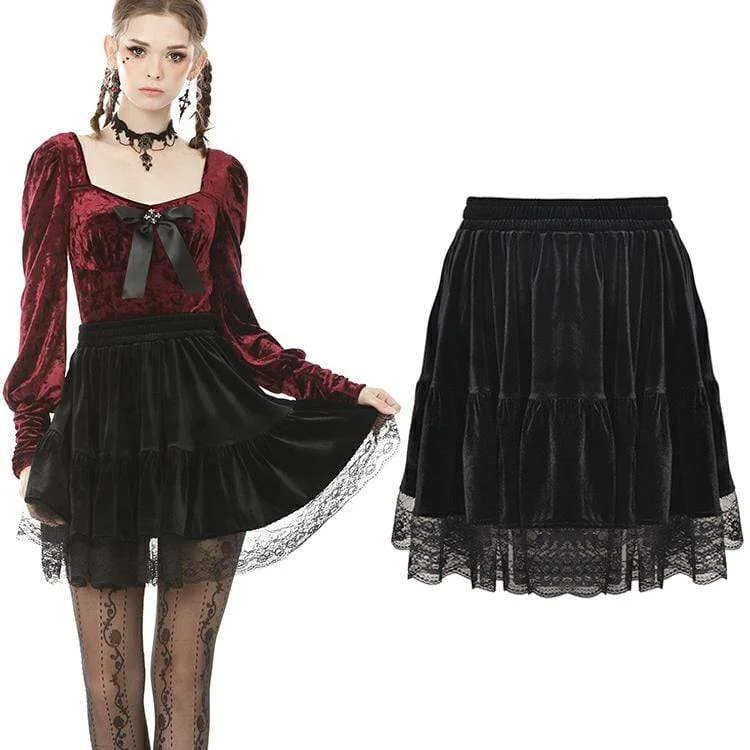 Women's Vintage Gothic Ruffles Velet Mini Skirts with Lace Hem tiered skirt playful